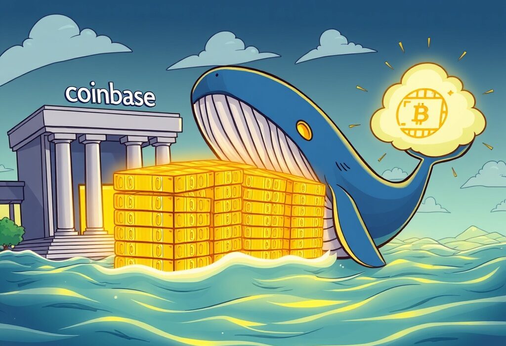 A cartoon illustration showing a large Bitcoin transfer, symbolizing a significant movement of BTC from an exchange to an unknown wallet.