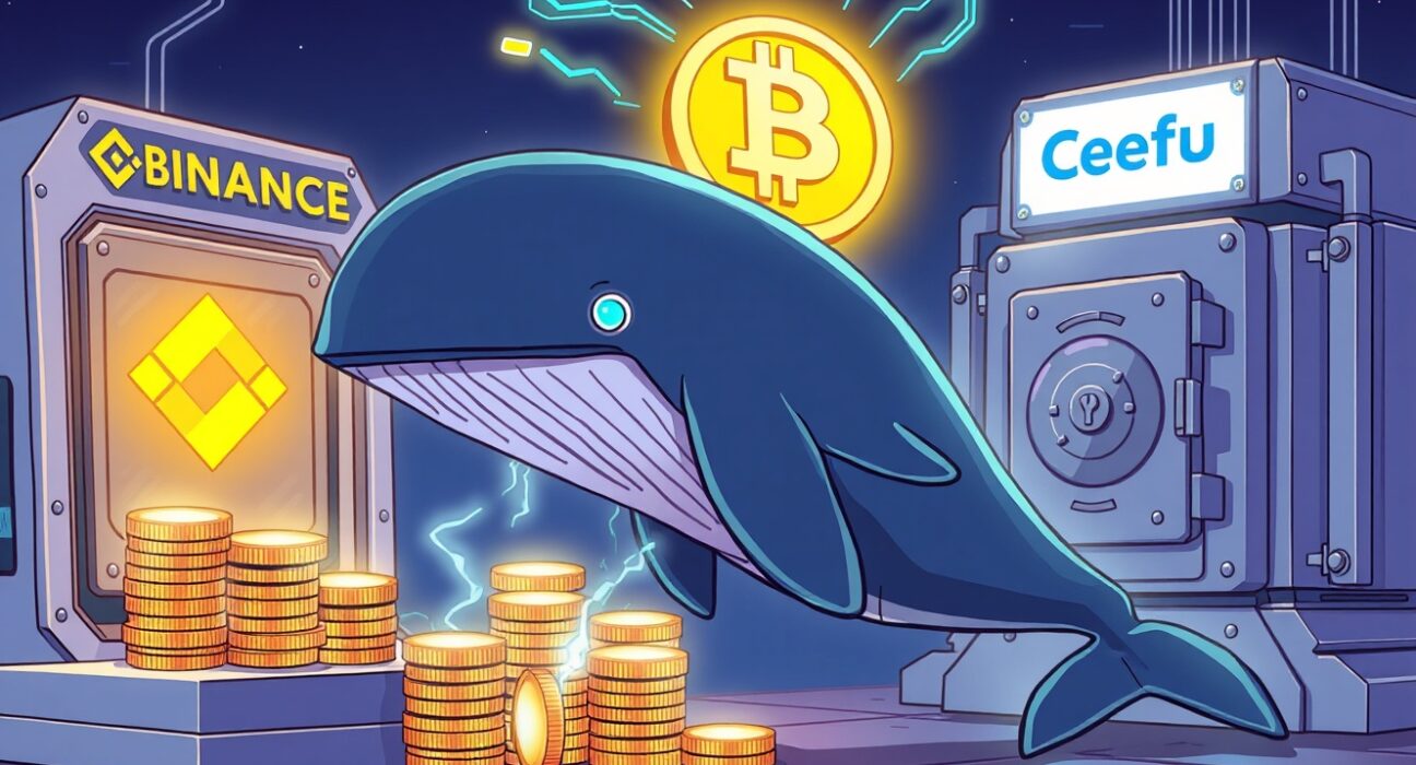 A cartoon whale transferring a massive amount of Bitcoin from an exchange to a new wallet, illustrating the significant Bitcoin transfer.