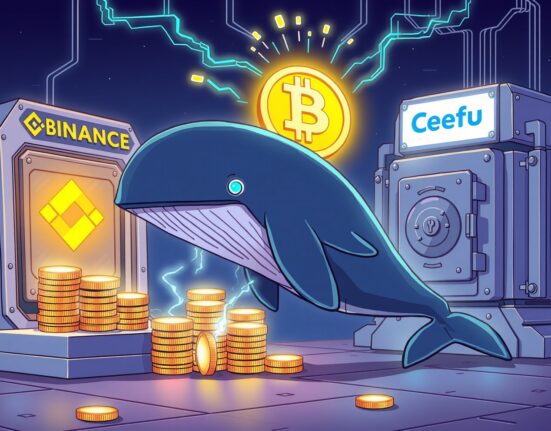 A cartoon illustration showing a large Bitcoin transfer, symbolizing a significant movement of BTC from an exchange to an unknown wallet.