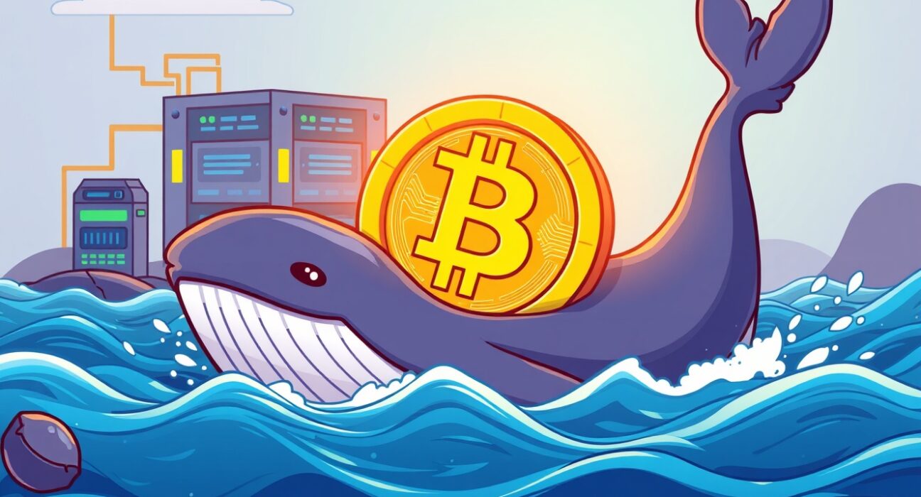 A cartoon illustration showing a significant Bitcoin transfer from a large unknown entity to a mining pool, symbolizing market impact.
