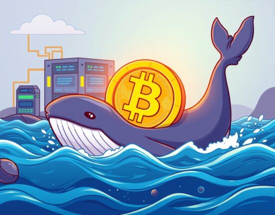A cartoon illustration showing a significant Bitcoin transfer from a large unknown entity to a mining pool, symbolizing market impact.