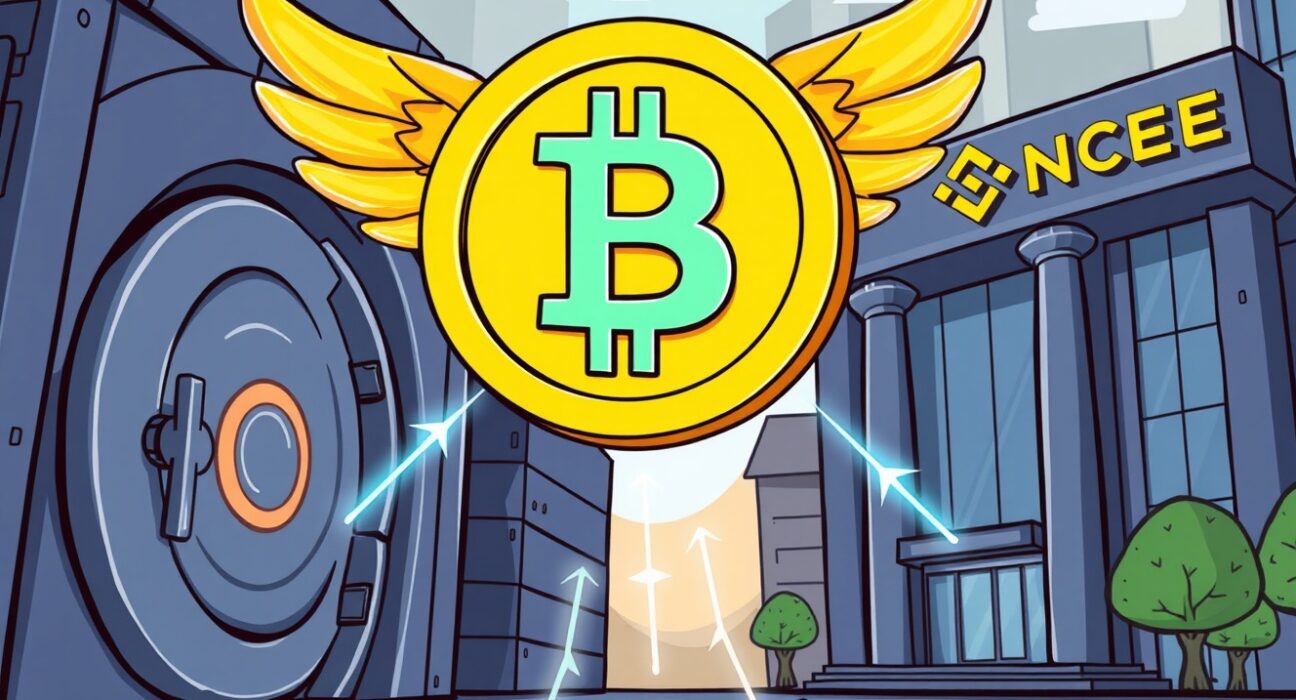 A cartoon image showing a massive Bitcoin transfer from a secure custody platform to a major exchange, illustrating institutional crypto movements.