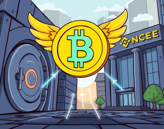 A cartoon image showing a massive Bitcoin transfer from a secure custody platform to a major exchange, illustrating institutional crypto movements.