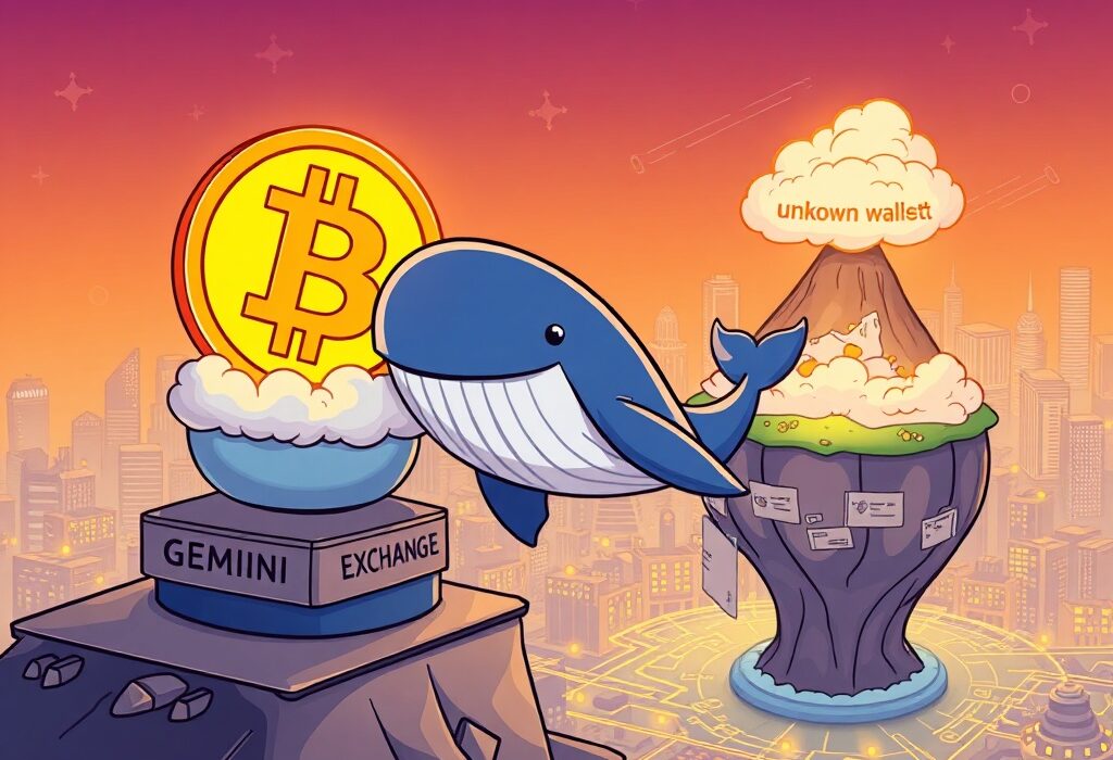 A cartoon whale moving a large Bitcoin symbol from an exchange to an unknown wallet, illustrating a significant Bitcoin transfer.
