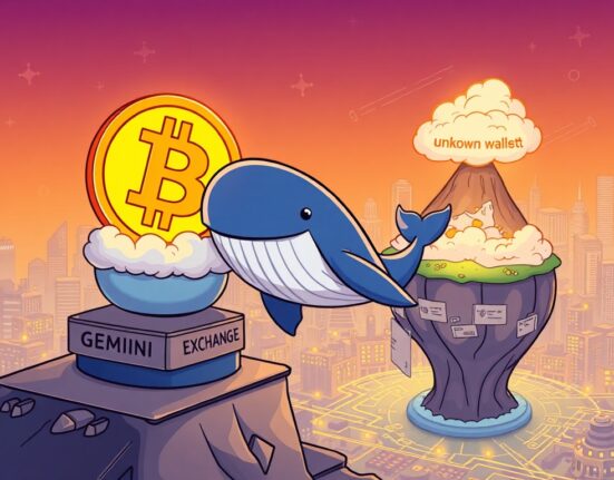 A cartoon whale moving a large Bitcoin symbol from an exchange to an unknown wallet, illustrating a significant Bitcoin transfer.