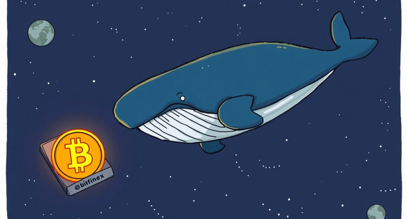 A cartoon whale moving a large Bitcoin transfer from an exchange to an unknown wallet, symbolizing significant crypto movement.