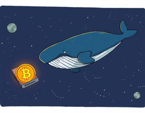 A cartoon whale moving a large Bitcoin transfer from an exchange to an unknown wallet, symbolizing significant crypto movement.