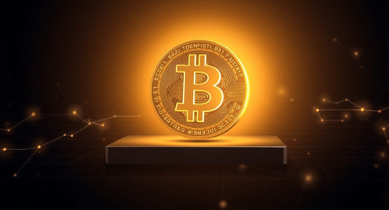 Digital illustration of a large Bitcoin coin being transferred across a network, representing a $320 million transaction.
