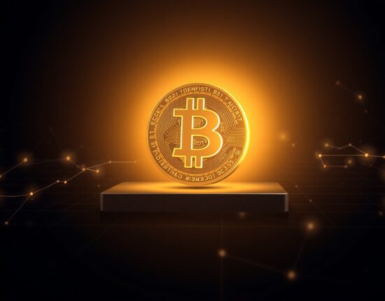 Digital illustration of a large Bitcoin coin being transferred across a network, representing a $320 million transaction.