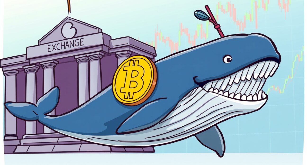 A cartoon whale represents a significant Bitcoin whale withdrawal from exchanges, impacting the crypto market.