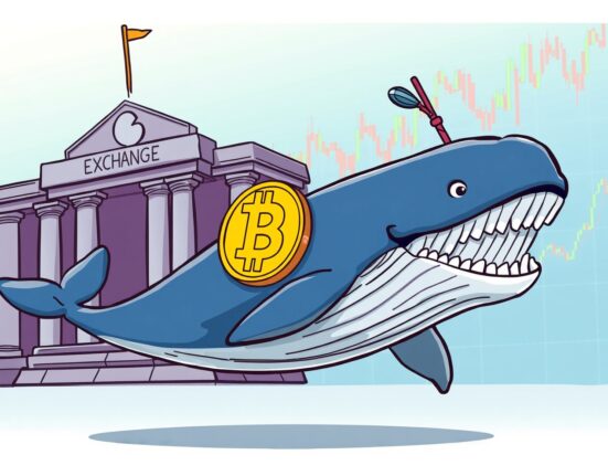 A cartoon whale represents a significant Bitcoin whale withdrawal from exchanges, impacting the crypto market.
