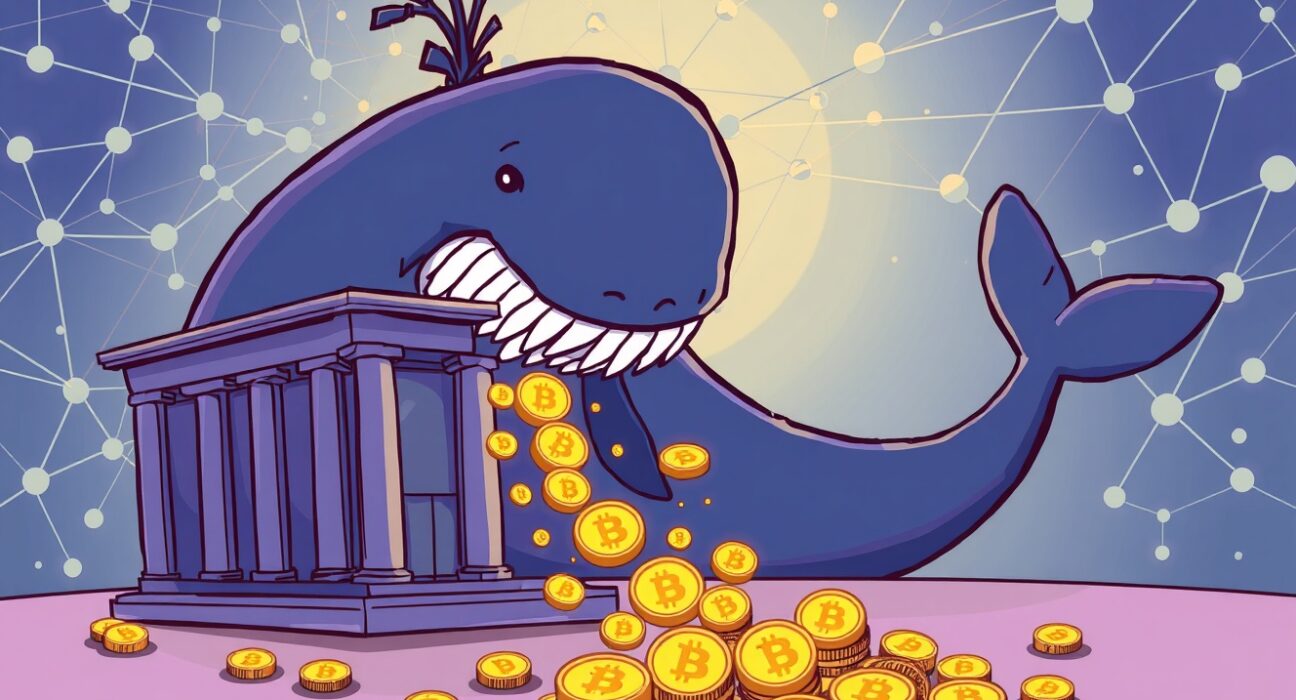 A cartoon whale completing a significant Bitcoin withdrawal from a digital exchange, indicating potential market shifts.