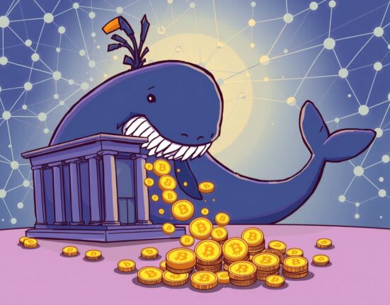 A cartoon whale completing a significant Bitcoin withdrawal from a digital exchange, indicating potential market shifts.