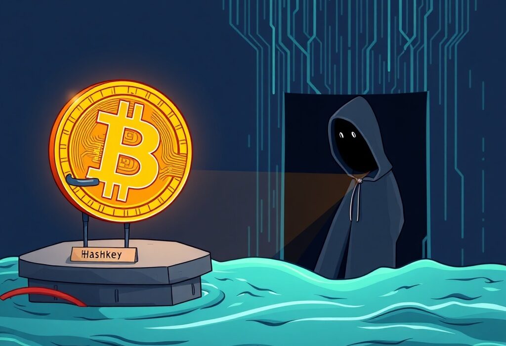 A cartoon illustrating a significant BTC transfer, showing a large Bitcoin moving from Hashkey to an unknown destination.