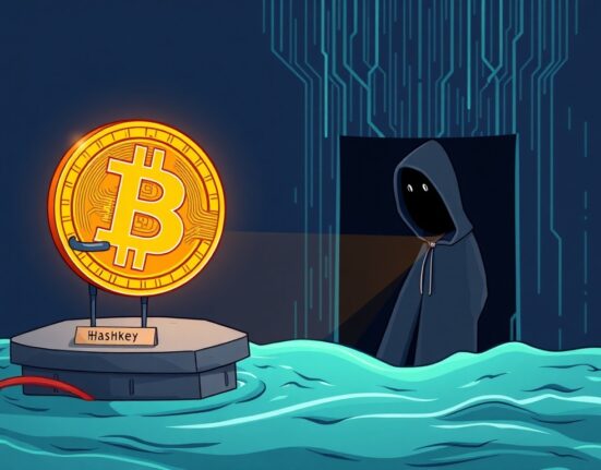 A cartoon illustrating a significant BTC transfer, showing a large Bitcoin moving from Hashkey to an unknown destination.