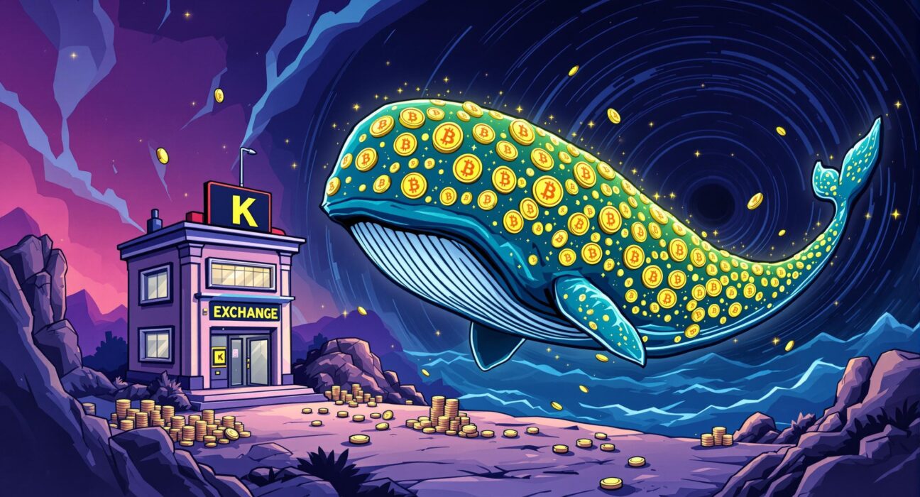 A cartoon illustration depicting a significant BTC transfer, with a Bitcoin whale leaving the Kraken exchange for an unknown digital destination.