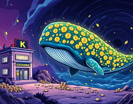 A cartoon illustration depicting a significant BTC transfer, with a Bitcoin whale leaving the Kraken exchange for an unknown digital destination.
