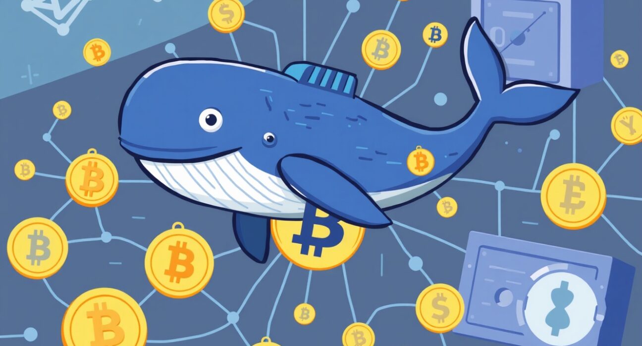 A large digital whale moving a significant amount of BTC transferred from one platform to another, symbolizing a major cryptocurrency transaction.