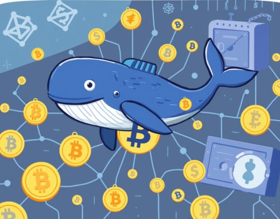 A large digital whale moving a significant amount of BTC transferred from one platform to another, symbolizing a major cryptocurrency transaction.