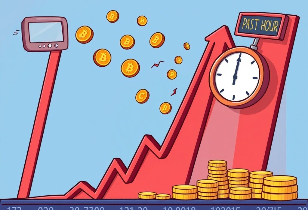 A cartoon illustration showing a large red arrow pointing downwards on a cryptocurrency chart, representing the sudden $101 million crypto futures liquidation event.