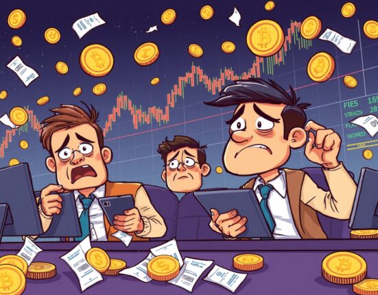 Cartoon illustration showing dramatic crypto futures liquidation with traders reacting to market crash