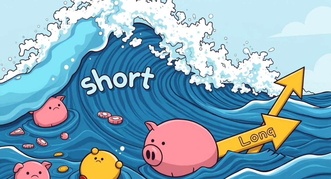 A cartoon showing digital coins and broken piggy banks amidst stormy market waves, symbolizing massive crypto liquidations and short seller losses.