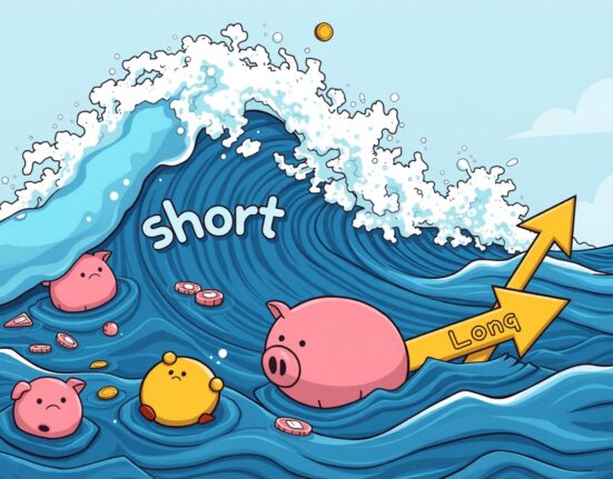 A cartoon showing digital coins and broken piggy banks amidst stormy market waves, symbolizing massive crypto liquidations and short seller losses.