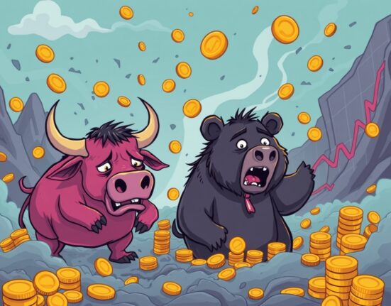 A chaotic cartoon scene depicting the massive crypto liquidations storm hitting Bitcoin and Ethereum traders.