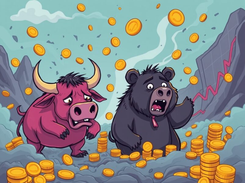 A chaotic cartoon scene depicting the massive crypto liquidations storm hitting Bitcoin and Ethereum traders.