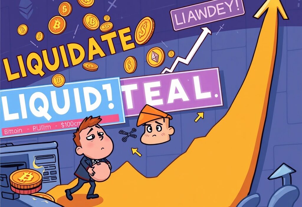 A cartoon illustration depicting massive crypto liquidations, with digital coins falling and a worried trader, conveying the financial impact.