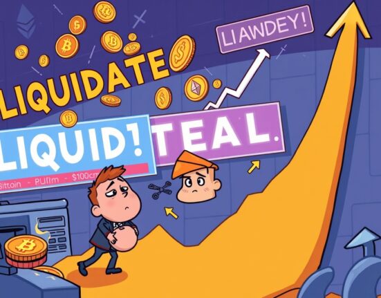 A cartoon illustration depicting massive crypto liquidations, with digital coins falling and a worried trader, conveying the financial impact.