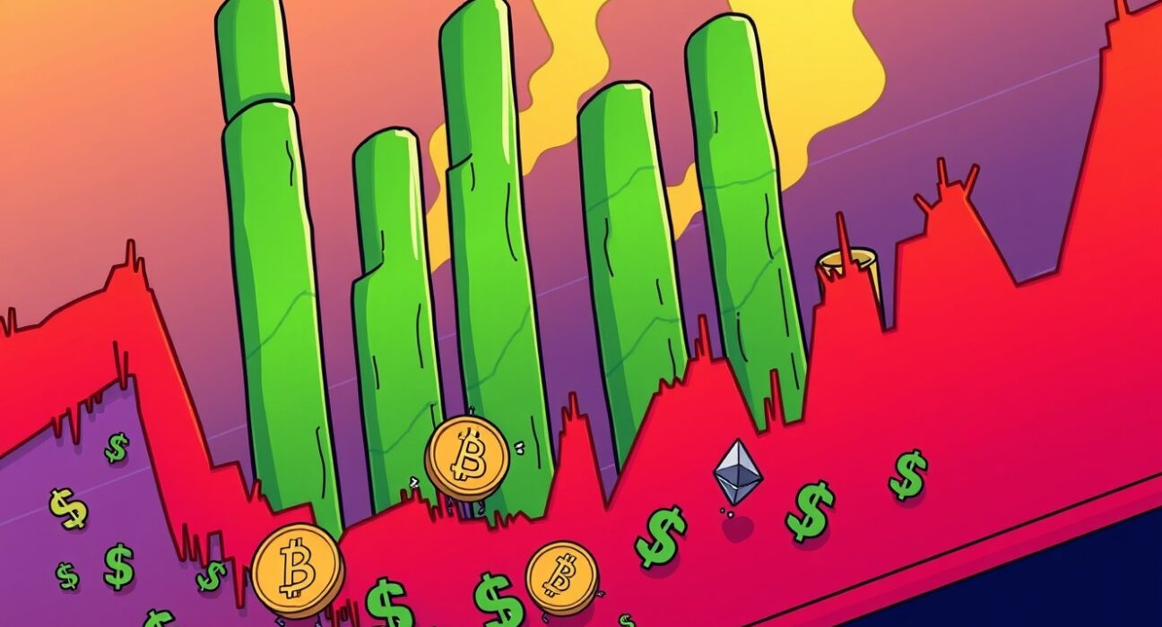 A cartoon illustration showing the impact of massive crypto liquidations on ETH, BTC, and SOL, with market graphs falling.