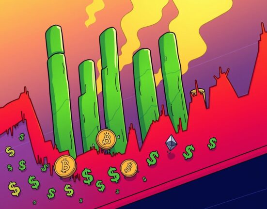 A cartoon illustration depicting massive crypto liquidations, with red arrows on a chart and surprised market participants, conveying market volatility.
