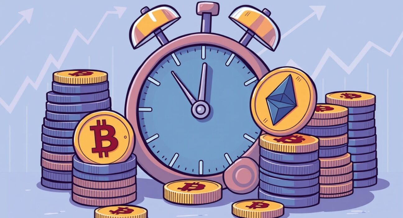 A cartoon clock ticking down, surrounded by Bitcoin and Ethereum symbols, representing the massive crypto options expiration and its potential market impact.