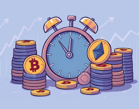 A cartoon clock ticking down, surrounded by Bitcoin and Ethereum symbols, representing the massive crypto options expiration and its potential market impact.