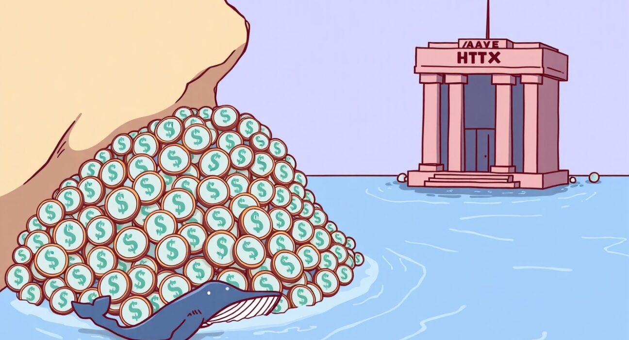 A cartoon illustration showing a large flow of USDT from Aave to HTX, symbolizing a significant crypto whale transaction.