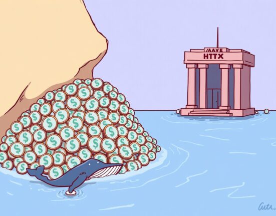 A cartoon illustration showing a large flow of USDT from Aave to HTX, symbolizing a significant crypto whale transaction.