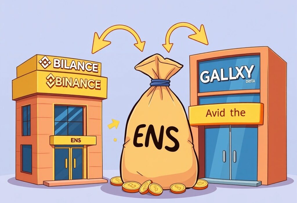 Cartoon showing a significant ENS deposit moving from a timelock to Binance and Galaxy Digital, highlighting potential market impact.
