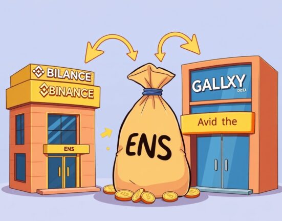 Cartoon showing a significant ENS deposit moving from a timelock to Binance and Galaxy Digital, highlighting potential market impact.