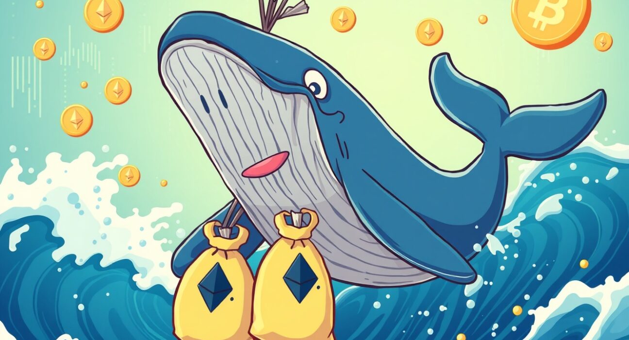 Massive ETH transfer represented by cryptocurrency whale in blockchain ocean