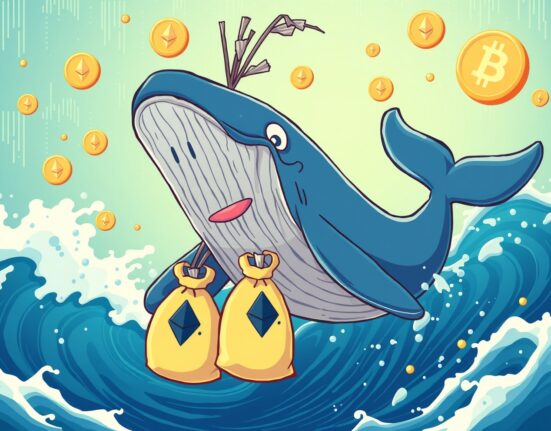 Massive ETH transfer represented by cryptocurrency whale in blockchain ocean