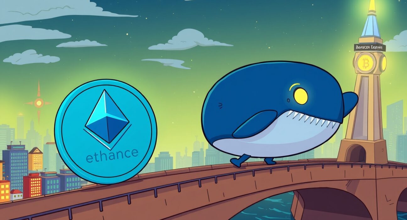 A cartoon whale facilitating a significant ETH transfer from Binance to the Beacon Deposit, highlighting strategic blockchain moves.