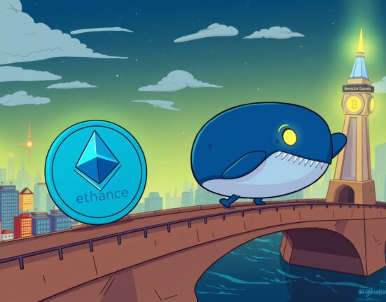 A cartoon whale facilitating a significant ETH transfer from Binance to the Beacon Deposit, highlighting strategic blockchain moves.