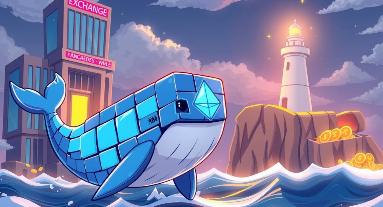 A cartoon whale made of Ethereum blocks completing a massive ETH transfer to a beacon deposit.
