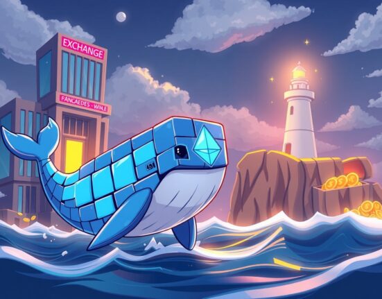 A cartoon whale made of Ethereum blocks completing a massive ETH transfer to a beacon deposit.