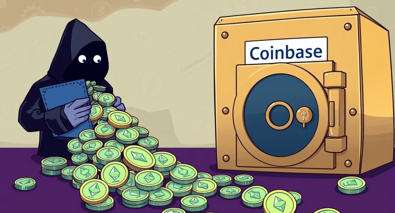 Cartoon showing a massive ETH transfer of digital coins flowing into a Coinbase Institutional vault, representing significant crypto whale activity.