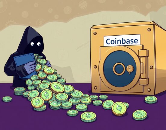 Cartoon showing a massive ETH transfer of digital coins flowing into a Coinbase Institutional vault, representing significant crypto whale activity.