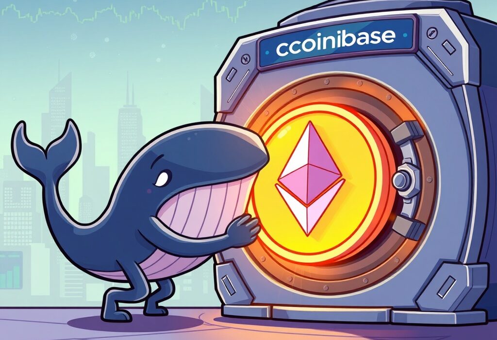Cartoon illustration of a large digital whale moving a significant ETH transfer into a Coinbase Institutional vault, representing major market activity.