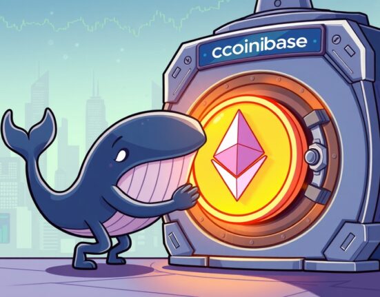 Cartoon illustration of a large digital whale moving a significant ETH transfer into a Coinbase Institutional vault, representing major market activity.