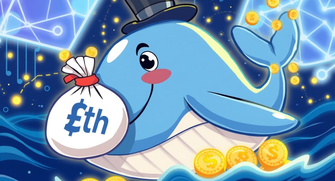 A cartoon whale making a significant ETH whale purchase, symbolizing a major cryptocurrency investment and market confidence.